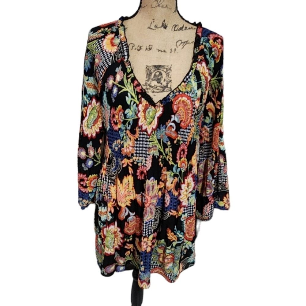 Ninety Floral Ribbed Stretch Bell Sleeve Flattering Boho Tunic Plus top 3X New!